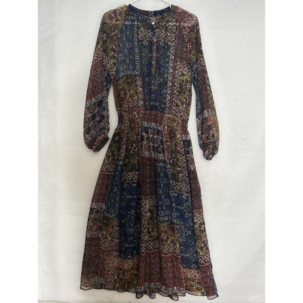 Prairie Patchwork Peasant Style Long Sleeve Sheer Top Lined Hippiecore Dress LG